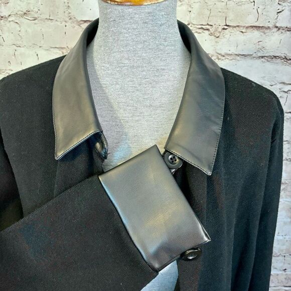 Sioni Faux Leather Trim Longline Cardigan Sweater Black Button Down Womens 1X - Picture 2 of 6